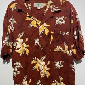 Island Shores Men's Red Floral Scarlet Washable Silk Button Up Shirt Size Large